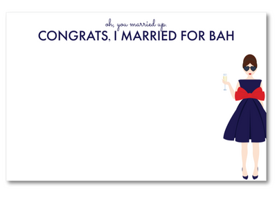 Greeting card with a stylized illustration of a woman in a blue dress and sunglasses, with text 'Congrats, I married for bah' on a white background.