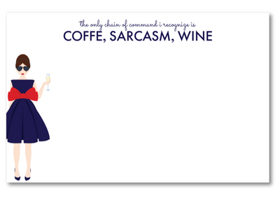 Note card with a woman holding a glass of wine and text about coffee, sarcasm, and wine on a white background.