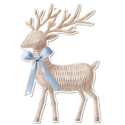 Decorative deer figure with a blue bow on a white background