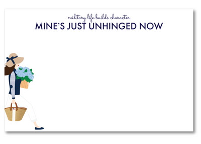 Note card with a cartoon soldier and text 'Mines just unhinged now' on a white background
