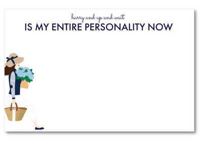 Note card with a cartoon character holding flowers and text on a white background