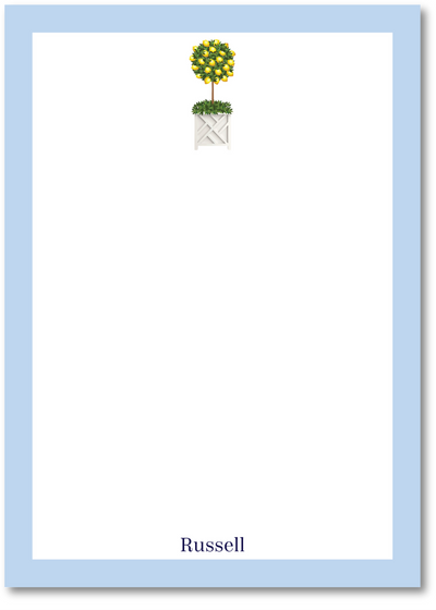 Notepad with a lemon topiary and a light blue border.