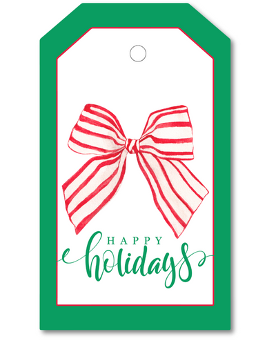 Gift tag with red and white striped bow and 'Happy Holidays' text on a green border.