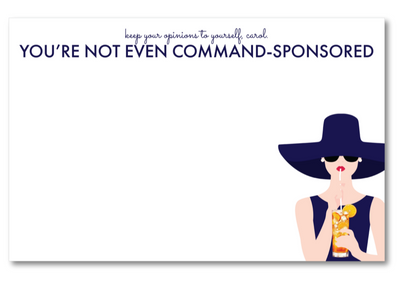 Note card with illustration of a woman wearing a large hat and holding a drink, with text on a white background.