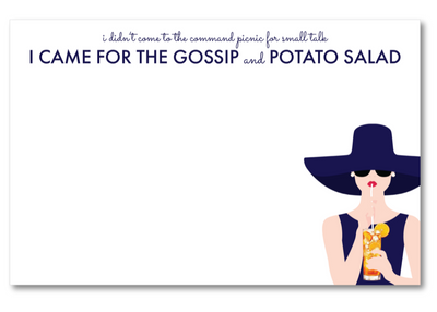 Card with a woman in a large hat and sunglasses, holding a drink, with text about the command picnic.