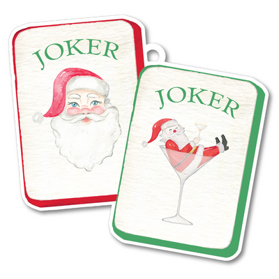 Two playing card designs featuring Santa Claus and a martini glass with 'Joker' text.