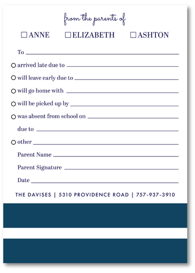 Note card with checkboxes and text fields for parents to fill out, with a blue stripe at the bottom.