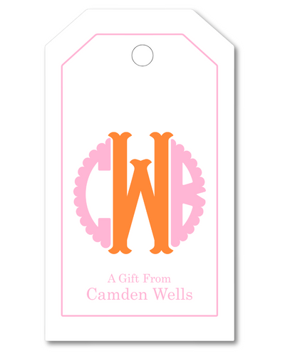 Gift tag with orange 'CW' initials and pink decorative elements on a white background