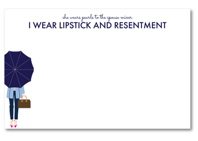 Note card with a person holding an umbrella and text 'I Wear Lipstick and Resentment' on a white background