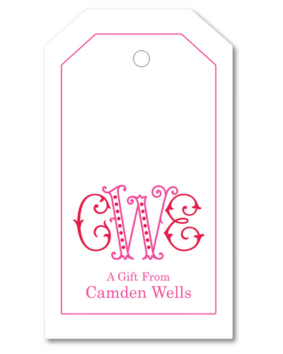 Gift tag with 'GWE' and 'A Gift From Camden Wells' text on a white background