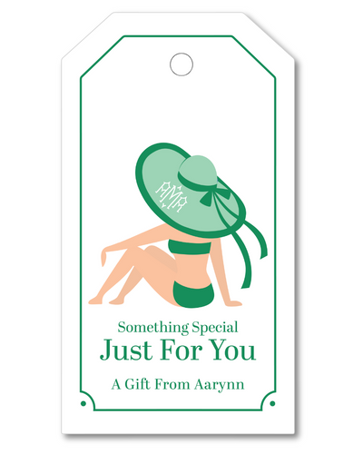 Gift tag with a sun hat and bikini illustration, text 'Something Special Just For You' and 'A Gift From Aarynn'.