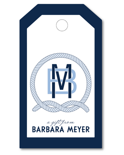 Gift tag with monogram and text 'a gift from BARBARA MEYER' on a white background