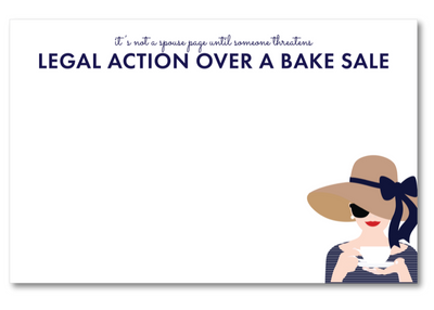 Note card with a woman in a hat and text about legal action over a bake sale on a white background