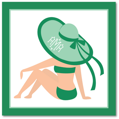 Illustration of a person in a green bikini and hat with 'Mim' branding, framed by a green border.