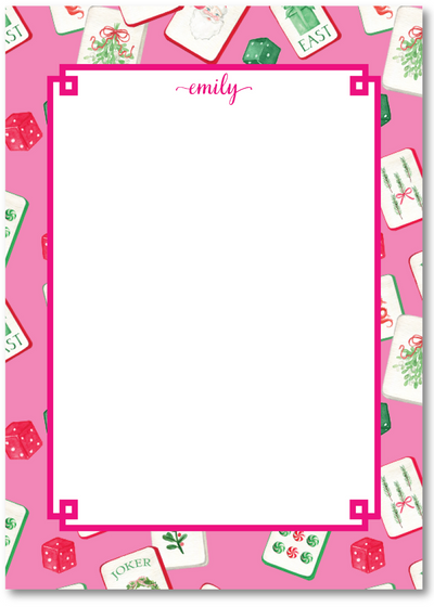 Notepad with a pink border featuring a pattern of cards and the name 'emily' at the top.