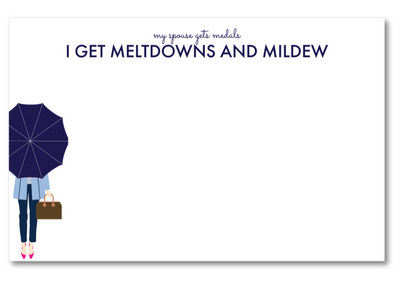 Notepad with a person holding an umbrella and text 'I GET MELTDOWNS AND MILDEW' on a white background