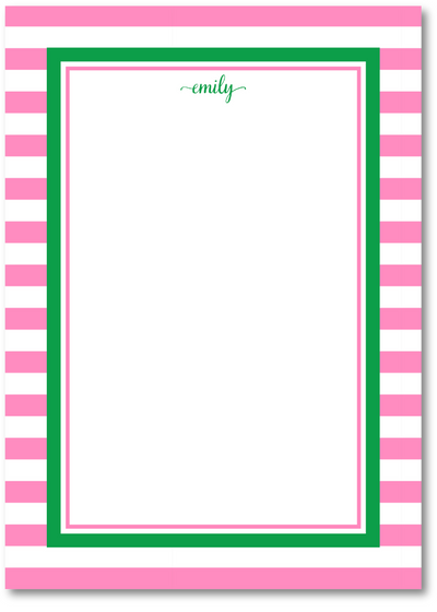 Notepad with pink and white striped border and green frame, featuring the name 'emily'.