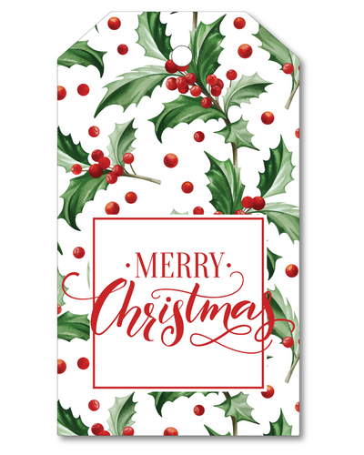 Christmas gift tag with holly leaves and berries on a white background
