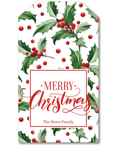 Christmas gift tag with holly design and 'Merry Christmas' text.