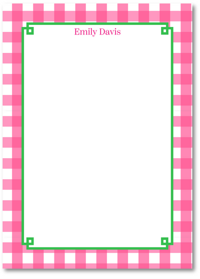 Pink and white checkered border with green accents on a white background