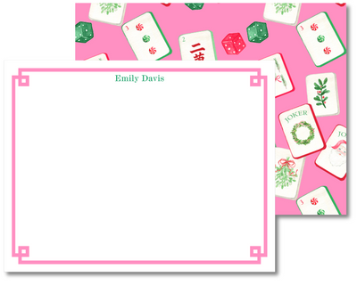 Note card with decorative border and personalized name on a pink background with game piece illustrations.
