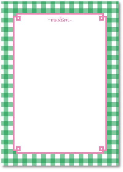 Green and pink checkered border with 'madison' text on a white background