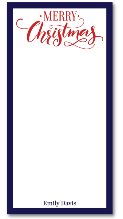 Merry Christmas card with a blue border and red text on a white background