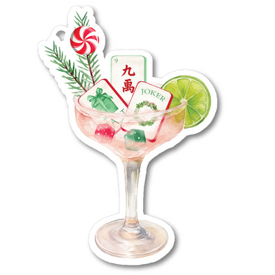 Decorative card with a cocktail glass design featuring cards, candy, and a lime on a white background.