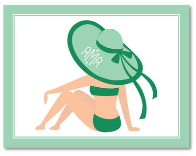Illustration of a woman in a green bikini and sun hat with 'Fifi' monogram on a white background.