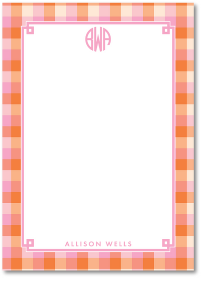 Notepad with pink and orange checkered border and personalized name at the bottom