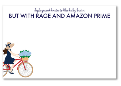 Note card with a woman on a bike carrying flowers and humorous text about deployment and Amazon Prime.