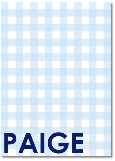 Checkered pattern with the name 'Paige' in blue on a light blue background