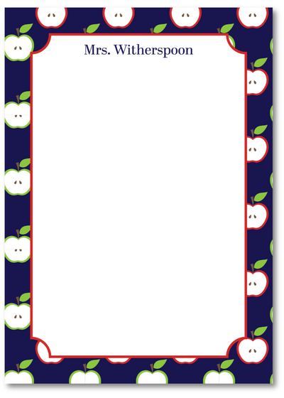Note pad with apple pattern border and 'Mrs. Witherspoon' text
