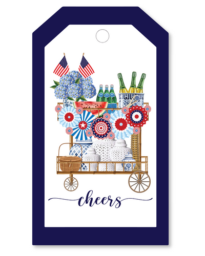 Decorative gift tag with a cart of drinks, flowers, and American flags on a white background.
