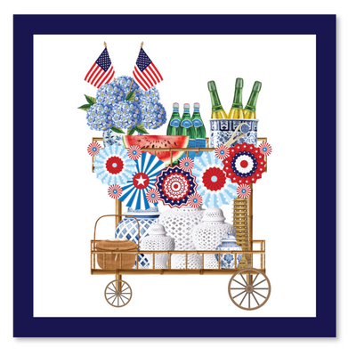 Illustration of a cart with patriotic decorations, including flowers, bottles, and flags on a white background.