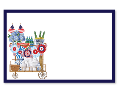 Illustration of a dog in a wagon with flowers, bottles, and flags on a white background