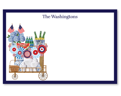 Notepad with a design of a bamboo bar cart, hydrangea flowers, chinoiserie, bottles, with personalized text along the top.