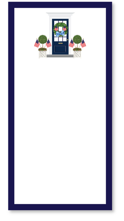 Notepad with a decorative design of a door, wreath, and potted plants on a white background
