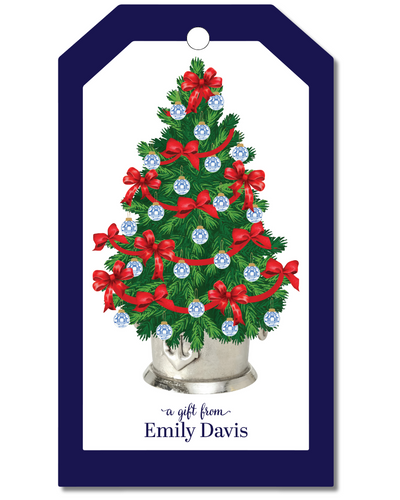 Christmas tree gift tag with red bows and blue ornaments, personalized with 'a gift from Emily Davis'.