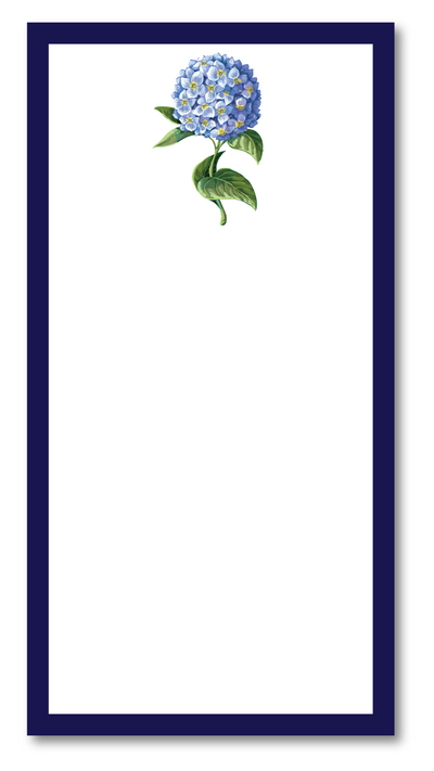 Navy blue frame with a white background and a blue flower illustration at the top.