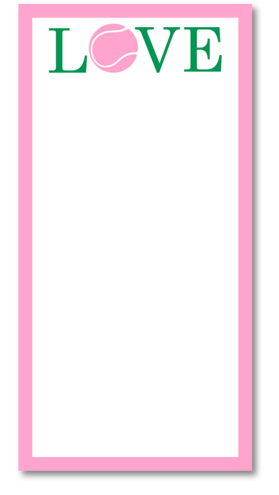 Notepad with 'LOVE' and tennis ball design on pink border