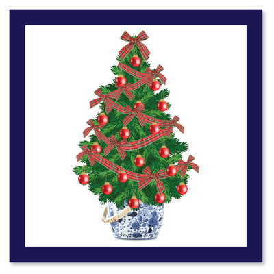 Decorative Christmas tree with red ornaments and ribbons in a blue frame.