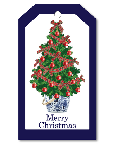Christmas gift tag with a decorated Christmas tree and 'Merry Christmas' text on a white background.