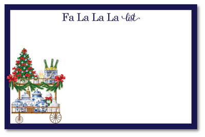Christmas-themed card with a cart, tree, and 'Fa La La La list' text on a white background.