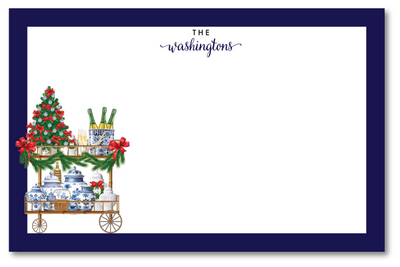 Christmas-themed card with a cart and tree, personalized with 'The Washingtons'.