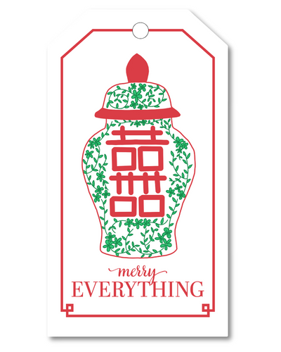 Decorative gift tag with red and green design on a white background