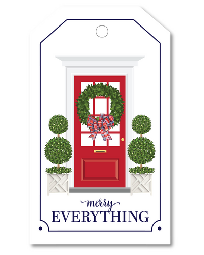 Decorative gift tag with a red door, wreath, and 'merry everything' text on a white background.