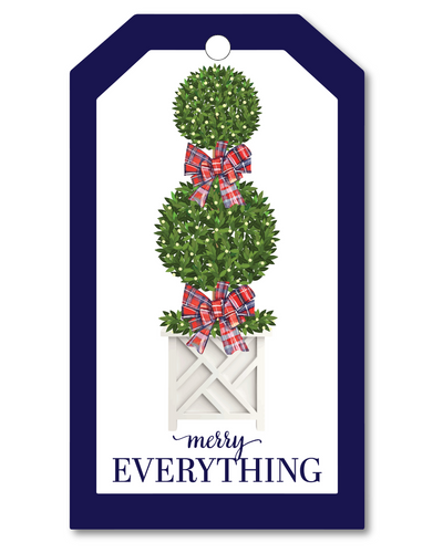 Decorative tag with topiary design and plaid bows on a white background