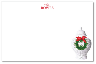 Christmas-themed letterhead with a decorative vase and wreath design, featuring the text 'the ROWES'.