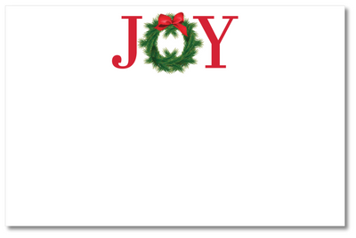 Christmas card with 'JOY' text and wreath design on a white background